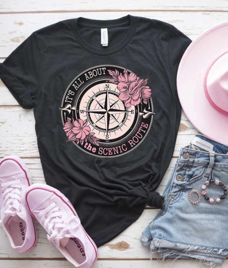 Travel SVG for Women Compass Scenic Route PNG, Adventure  Quote Cut File, Wanderlust Cricut Design for Road Trip Shirts, Girl Traveler Gifts