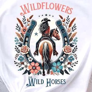 Wildflowers and Wild Horses Boho Western PNG Design Country Music Fans, Brunette Horseback Riding Graphic