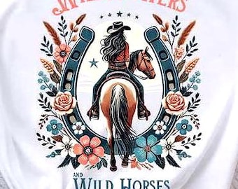 Flores silvestres y caballos salvajes, diseño bohemio occidental PNG para fanáticos de la música country, gráfico de equitación, morena