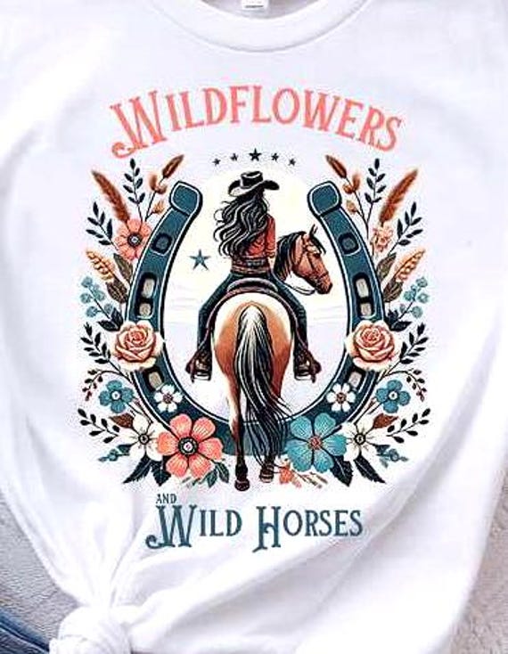 Wildflowers and Wild Horses Boho Western PNG Design Country Music Fans, Horseback Riding Graphic, Brunette