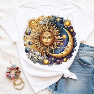 Sol e Lua Celestiais SVG PNG Design de Rosto Cósmico Boho para Cricut, Sublimação, Arte de Parede Espiritual, Camisetas para Presentes Espirituais, Bolsas