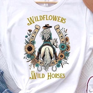 Wildflowers and Wild Horses Western Boho Country Music PNG Design, Horseback Riding Graphic