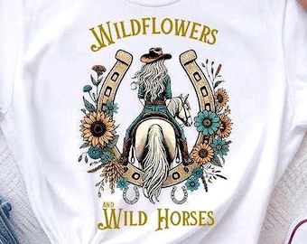 Diseño PNG de música country bohemia occidental con flores silvestres y caballos salvajes, gráfico de equitación