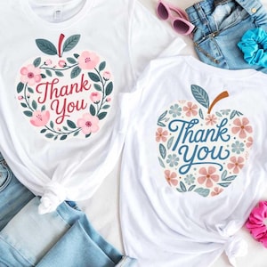 Teacher SVG PNG Bundle 2 Versions, Floral Apple "Thank You" Clipart for Educators, Coaches, School Stickers, Sublimation, Cricut Cut Files