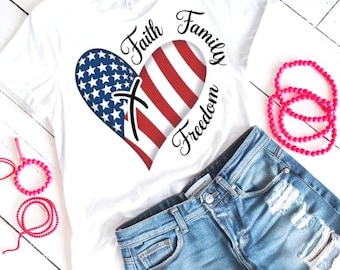 American Flag Heart SVG PNG Faith Family Freedom with Cross, Christian Patriotic Sublimation Design for 4th of July, Veterans Cricut Crafts