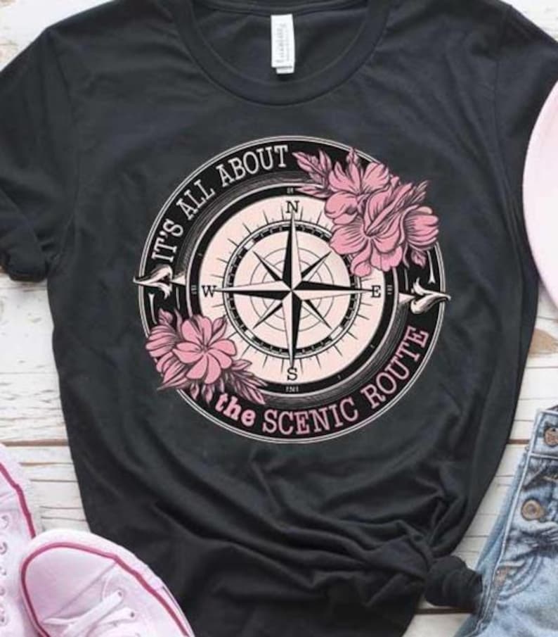 Travel SVG for Women Compass Scenic Route PNG, Adventure  Quote Cut File, Wanderlust Cricut Design for Road Trip Shirts, Girl Traveler Gifts