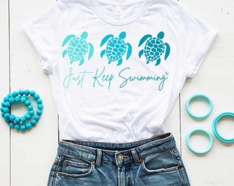 Sea Turtle SVG PNG Just Keep Swimming Quote, Ocean Lover Motivational Clipart, Cute Turtles Digital Download for mugs, shirts, crafts