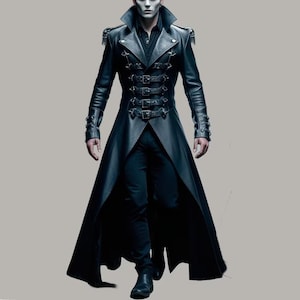 Real Cow Leather Men Trench Coat - Black Leather Gothic Coat - Steampunk Vampire Long Coat - Custom Leather Black Coat - Gift For Him
