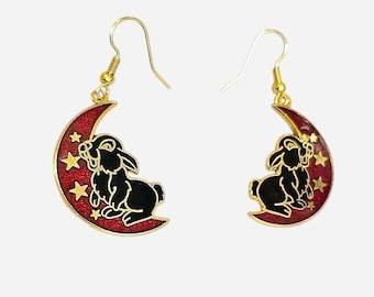 Vintage 90s Celestial Moon & Rabbit Cloisonné Earrings