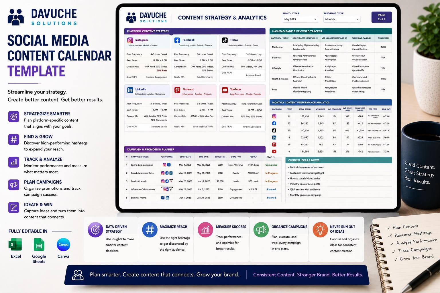 Social Media Content Calendar Printable PDF | Monthly Content Planner ...
