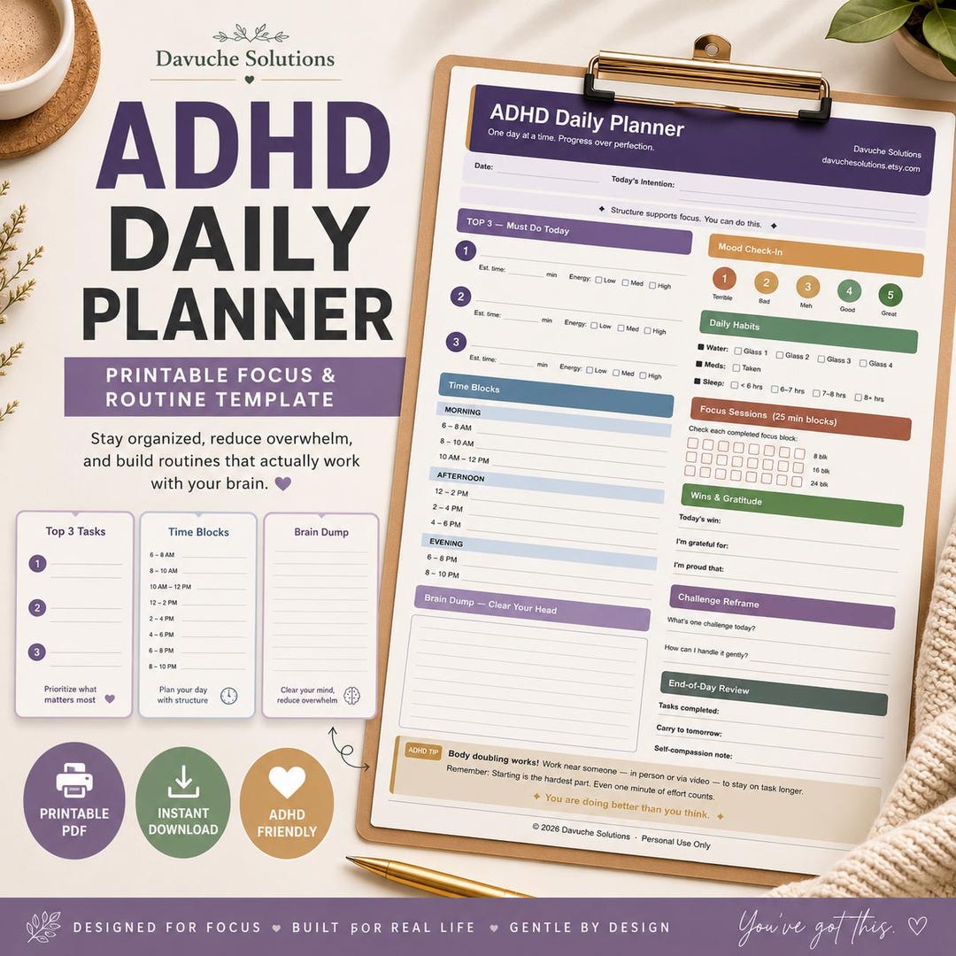 ADHD Daily Planner Printable PDF | Neurodivergent Productivity Focus ...
