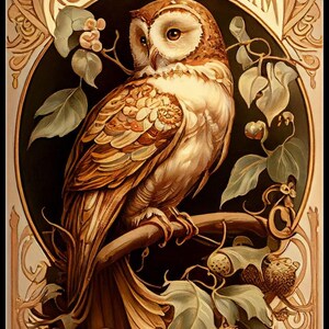 May include: A vintage illustration of a brown and white owl perched on a branch with green leaves and brown berries. The owl is surrounded by a decorative frame with the word "ODIOROOLIM" written in gold lettering.