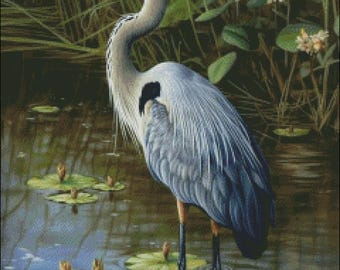 Cross Stitch Kit - Great Blue Heron 4 - Heron Cross Stitch Pattern - DIY Embroidery Kit - Needlepoint Kit - 14 Count, DMC Color