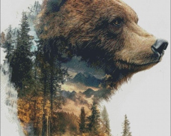 Cross Stitch Kit - Abstract Grizzly - Bear Cross Stitch Pattern - DIY Embroidery Kit - Needlepoint Kit - 14 Count, DMC Color