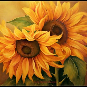 May include: Two sunflowers with bright yellow petals and dark brown centers. The sunflowers are in focus and the background is blurred.
