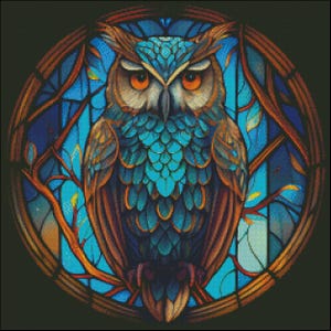 Cross Stitch Kit - Owl Stained Glass - Owl Cross Stitch Pattern - DIY Embroidery Kit - Needlepoint Kit - 14 Count, DMC Color