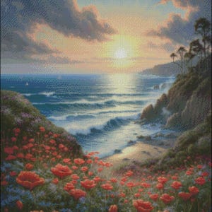 Puede incluir: Una pintura de una puesta de sol sobre una costa rocosa con un campo de amapolas rojas en primer plano. El océano es azul y el cielo es una mezcla de naranja, rosa y morado.