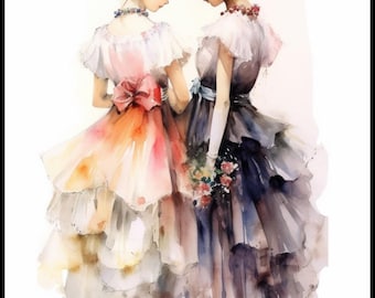 May include: Watercolor painting of two young women in elegant dresses, their heads touching. The dresses feature layered skirts in shades of pink, orange, and gray. One holds a bouquet. The artwork has a soft, dreamy quality. Text: Ankicoleman Designs.