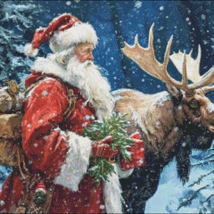 May include: Santa Claus, dressed in a red suit with white trim, carries a sack of gifts and a sprig of holly. He walks through a snowy forest with a large moose beside him.