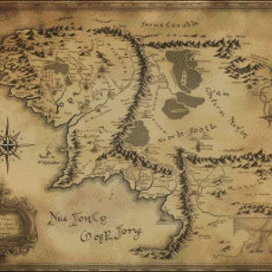 Borduurpakket - kaart Middle Earth 2 - kaart kruissteekpatroon - DIY-borduurpakket - borduurpakket - 14 counts, DMC-kleur