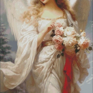 Puede incluir: Una pintura de un ángel con el pelo largo y rubio que lleva un vestido blanco y sostiene un ramo de rosas blancas y rosas.