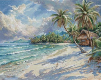 Kreuzstich Stickpackung - Tropischer Strand mit Palmen - Strand Kreuzstich Muster - DIY Stickerei Kit - Nadelspitzen Kit - 14 Count, DMC Color