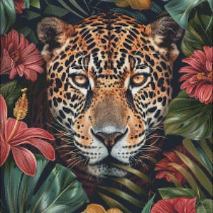 Cross Stitch Kit - Jaguar Face Flowers - Jaguar Cross Stitch Pattern - DIY Embroidery Kit - Needlepoint Kit - 14 Count, DMC Color