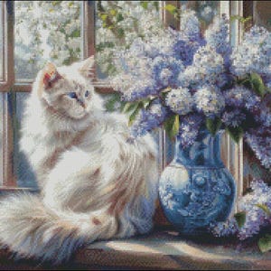 Cross Stitch Kit - Ragdoll and Lilac - Cat Cross Stitch Pattern - DIY Embroidery Kit - Needlepoint Kit - 14 Count, DMC Color