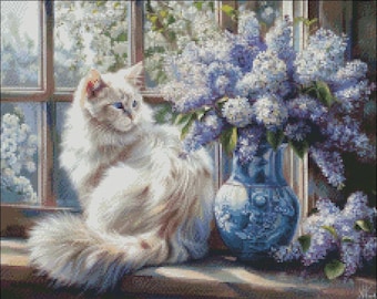 Cross Stitch Kit - Ragdoll and Lilac - Cat Cross Stitch Pattern - DIY Embroidery Kit - Needlepoint Kit - 14 Count, DMC Color