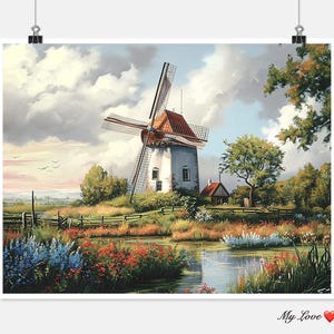 May include: A white windmill with a red roof stands in a field with a pond and green trees. The sky is cloudy and blue.