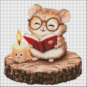 May include: A cross-stitch pattern featuring a light brown hamster wearing round brown glasses and reading a red book. Next to the hamster is a small, smiling candle with a yellow flame. The entire scene is set upon a circular brown tree stump.
