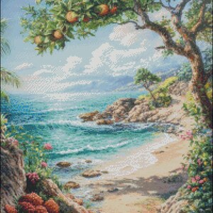 May include: A painting of a seascape with a rocky shore and a path leading to the water. A tree with orange fruit hangs over the path. The sky is blue with white clouds.