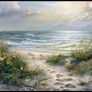 May include: A tranquil beach scene painting. The artwork shows a sandy path leading to the sea, with waves gently breaking on the shore. Lush green grasses and colourful wildflowers frame the path. The sky is filled with clouds and a few birds.