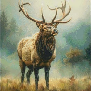 May include: A large, brown elk with a large set of antlers stands in a foggy forest. The elk is looking up and its mouth is slightly open. The forest is green and brown and the fog is white.