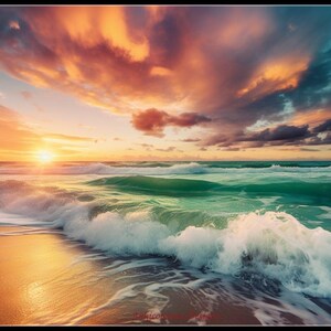 Peut inclure: Un coucher de soleil pittoresque sur l'océan avec une plage de sable et des vagues qui se brisent sur le rivage. Le ciel est un mélange vibrant d'orange, de rose et de violet avec des nuages sombres.