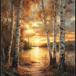 Peut inclure: Peinture de paysage d'un coucher de soleil sur un lac. Des bouleaux aux écorces blanches et aux feuilles dorées encadrent la vue. Le soleil se reflète sur l'eau, créant une atmosphère chaleureuse et paisible. L'œuvre évoque la sérénité.