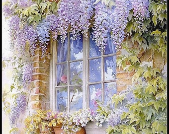 May include: A watercolor painting of a brick building with a window covered in purple wisteria flowers. The window has a white frame and is open, revealing a view of a garden. There are potted plants on the windowsill.