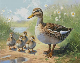 Cross Stitch Kit - Duck Family - Duck Cross Stitch Pattern - DIY Embroidery Kit - Needlepoint Kit - 14 Count, DMC Color
