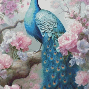 Cross Stitch Kit - Blue Peacock and Flowers 1 - Peacock Cross Stitch Pattern - DIY Embroidery Kit - Needlepoint Kit - 14 Count, DMC Color