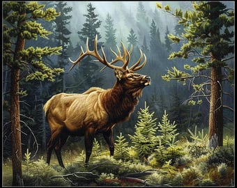 May include: A large, brown elk with a large rack of antlers stands in a misty forest. The elk is looking up and to the right, with its head tilted slightly. The forest is dense with tall trees and a thick undergrowth.