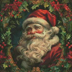 May include: A vintage illustration of Father Christmas with a white beard and red hat, framed by a wreath of holly and berries.