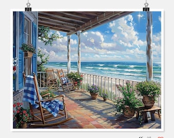 May include: A painting of a porch overlooking the ocean. The porch has rocking chairs, potted plants, and a white railing. The ocean is blue and has white waves. The sky is blue and has white clouds. The painting is in a realistic style.