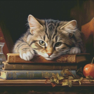 Cat Cross Stitch Kit - Literary Lair - Cat Cross Stitch Pattern - DIY Embroidery Kit - Needlepoint Kit - 14 Count, DMC Color