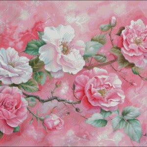以下が含まれることがあります： ピンクと白のバラが描かれた花の絵。とげのある枝に、テクスチャ加工されたピンク色の背景が描かれています。 バラは満開で、詳細な花びらと緑の葉があります。 美しい花の芸術作品です。