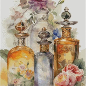 May include: Watercolor painting of vintage perfume bottles in shades of gold, orange, and blue, with ornate stoppers. The bottles are arranged with pink and purple roses and other flowers in the background, creating a romantic and elegant aesthetic.