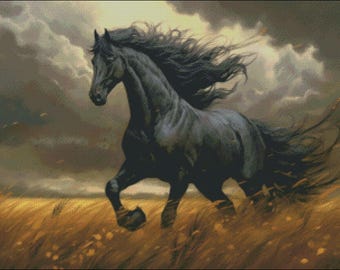 Cross Stitch Kit - Black Horse in the Field - Horse Cross Stitch Pattern - DIY Embroidery Kit - Needlepoint Kit - 14 Count, DMC Color