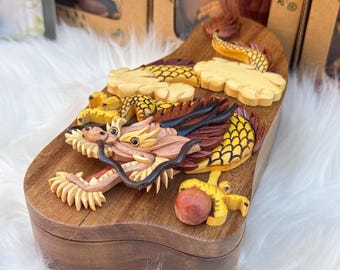 Handmade Wooden Chinese Dragon Puzzle Box – Secret Compartment, Lucky Gift