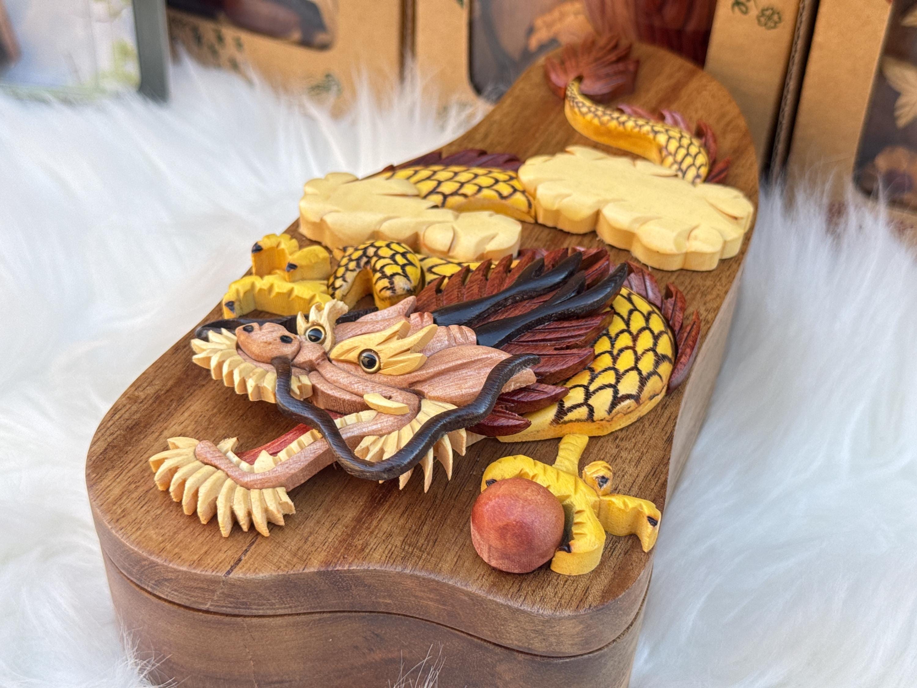 Handmade Wooden Chinese Dragon Puzzle Box – Secret Compartment