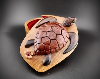 Caja rompecabezas de tortuga marina de teca hecha a mano: juguete Montessori con compartimento oculto