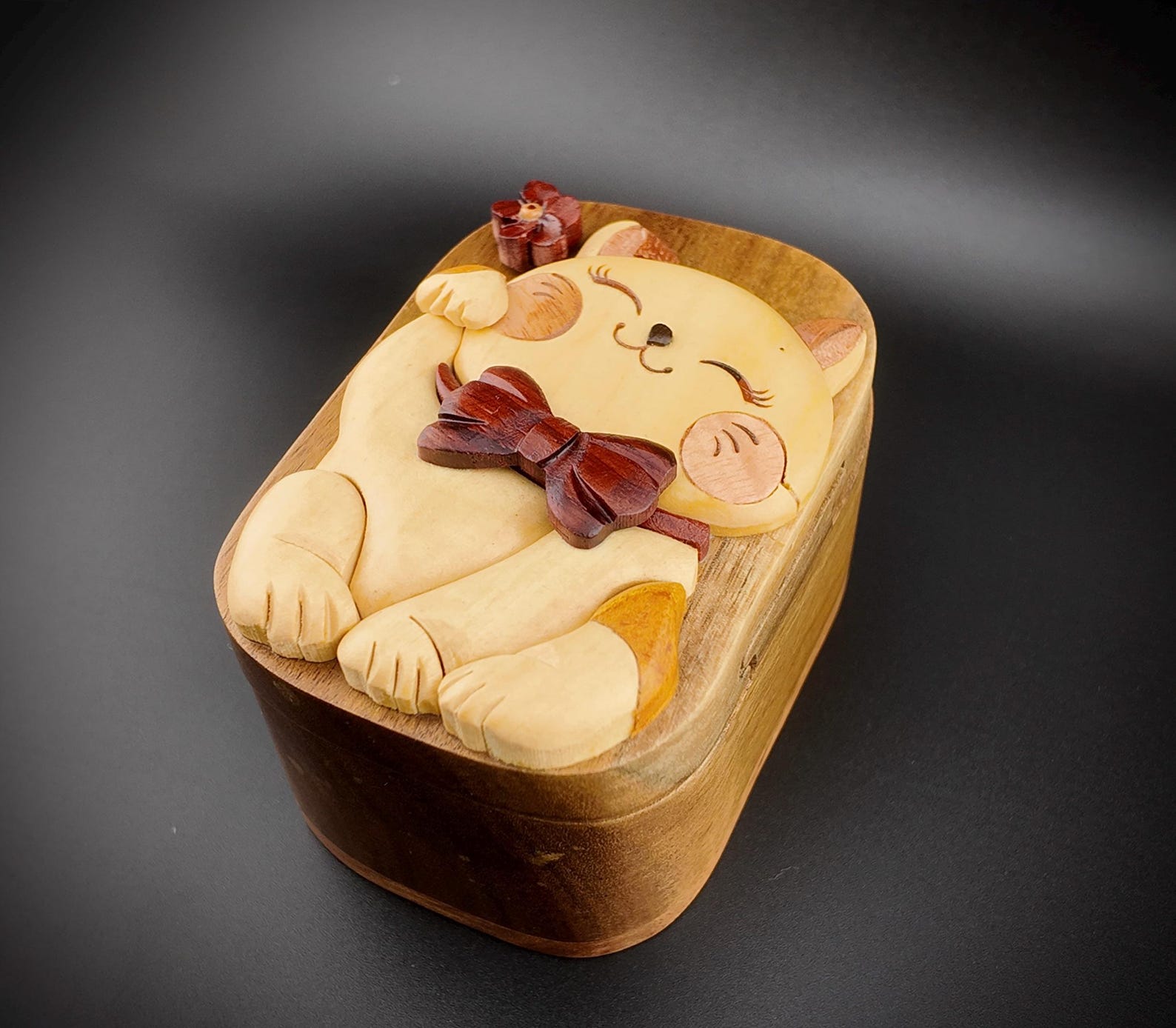 Wooden Lucky Cat Puzzle Box